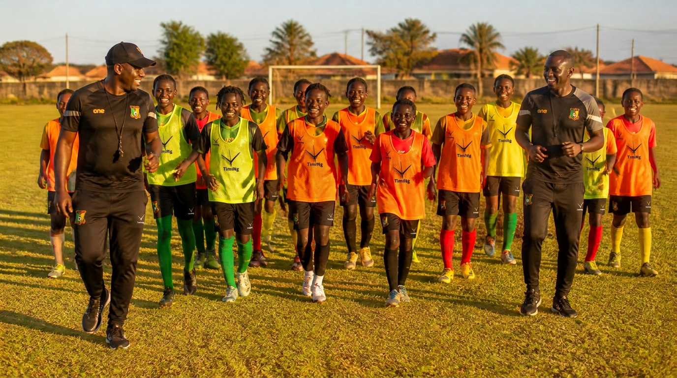 Jeunes footballeuses et footballeurs camerounais avec leurs éducateurs sur un terrain d’entraînement